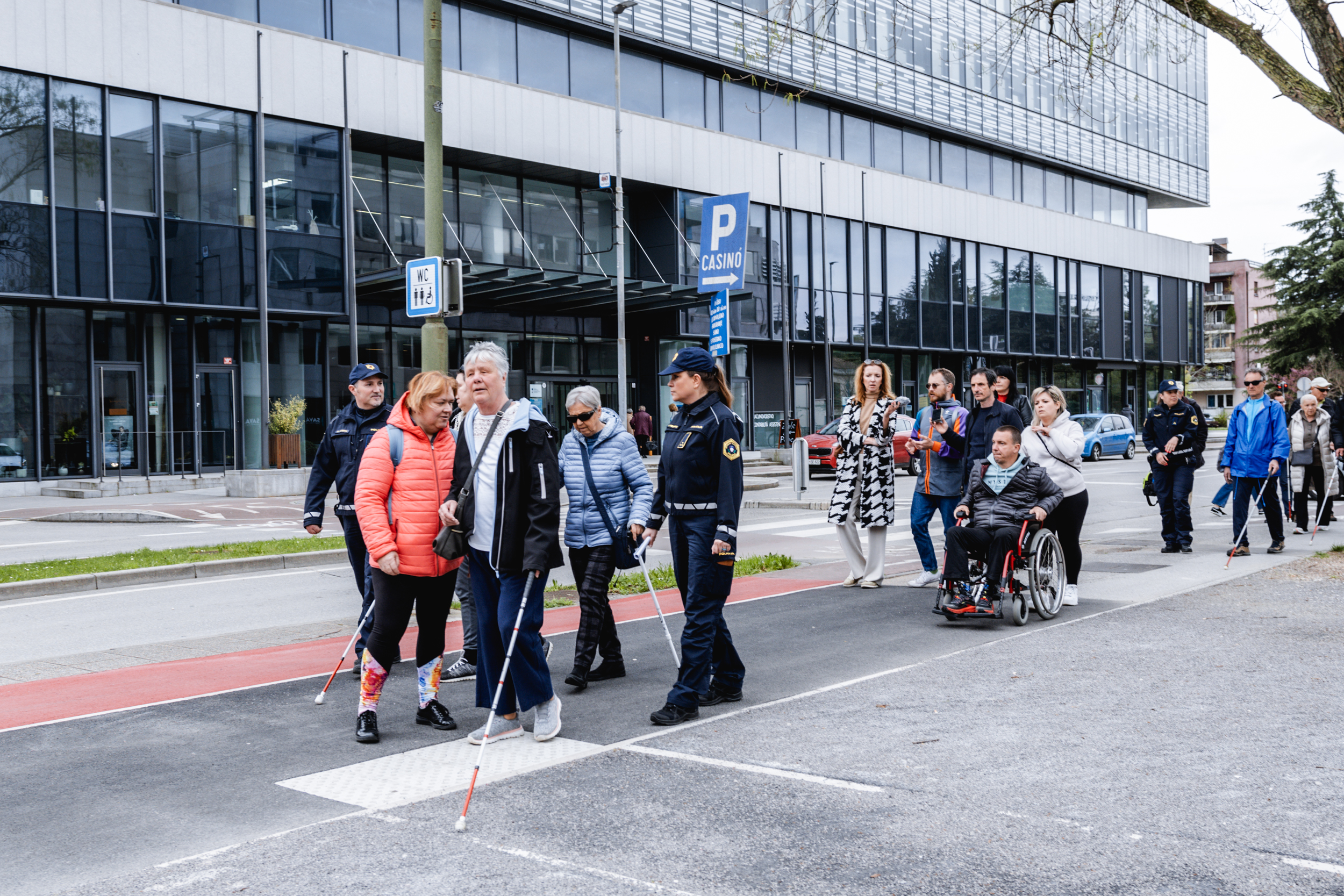 Skupina slepih in slabovidnih ter druge gibalno ovirane osebe hodijo po pločniku v Novi Gorici. Osebe imajo v rokah bele palice. Skupino spremljajo policisti v uniformah, ki skrbijo za varnost teh oseb v cestnem prometu.