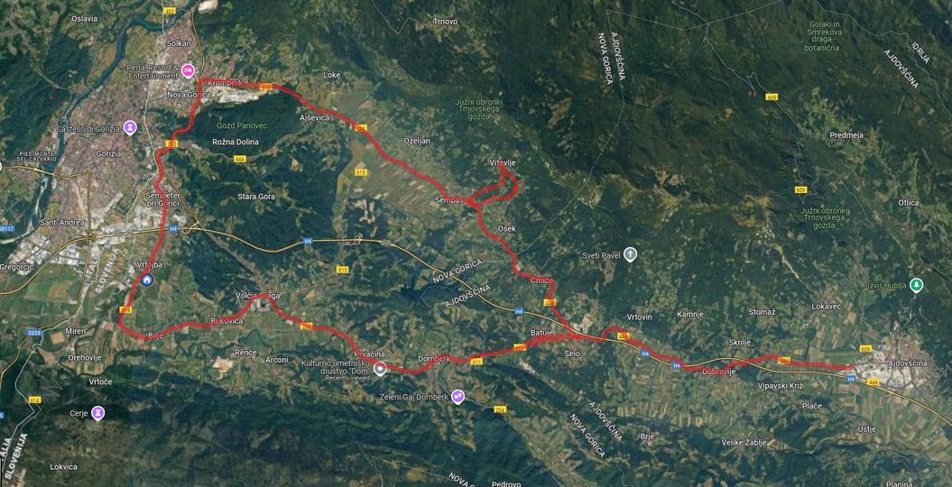 Trasa kolesarske dirke. Trasa poteka skozi različna naselja. Trasa poteka iz Nove Gorici južno, proti Šempetru pri Gorici ter Vrtojbi. Nato zavije na vzhod proti Biljam in nadaljuje skozi Bukovico, Volčjo Drago, Prvačino, Dornberk, Batuje,  Dobravlje in se ustavi v Ajdovščini. V bližini naselja Selo se trasa odcepi in teče proti severozahodu, proti Črničam. Od Črnič se trasa nadaljuje proti Oseku. V bližini Šempasa se usmeri proti severovzhodu, proti Vitovljam in nato proti jugozahodu,  proti Šempasu. Od Šempasa se trasa nadaljuje proti severozahodu, proti Ajševici in Kromberku. Trasa se ponovno sklene v Novi Gorici.