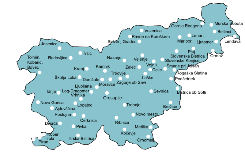 Zemljevid Slovenije z lokacijskim prikazom svetovalnih pisarn Eko sklada